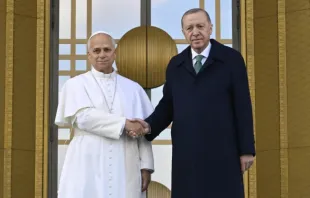 Papa Leão XIV ontem (27) com o presidente da Turquia, Recep Tayyip Erdoğan, em Ancara, Turquia.