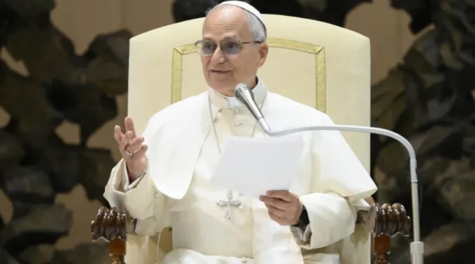 O papa Leão XIV discursa para funcionários do Vaticano em 22 de dezembro de 2025, na Aula Paulo VI, no Vaticano ?? 