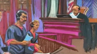 Retrato de Nicolás Maduro e Cilia Flores no tribunal de Nova York, EUA, onde compareceram na última segunda-feira (5). Fotos e vídeos são proibidos, por isso este recurso, mas jornalistas têm permissão para estar presentes.