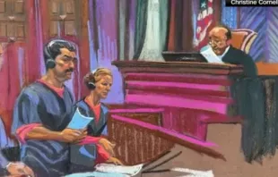 Retrato de Nicolás Maduro e Cilia Flores no tribunal de Nova York, EUA, onde compareceram na última segunda-feira (5). Fotos e vídeos são proibidos, por isso este recurso, mas jornalistas têm permissão para estar presentes.