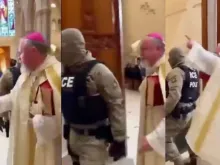 Nessa sequência de três imagens de um dos vídeos, é possível ver como o livro que o bispo carrega está preso ao seu braço.