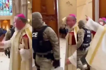 Nessa sequência de três imagens de um dos vídeos, é possível ver como o livro que o bispo carrega está preso ao seu braço