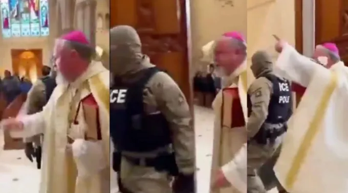 Nessa sequência de três imagens de um dos vídeos, é possível ver como o livro que o bispo carrega está preso ao seu braço ?? 