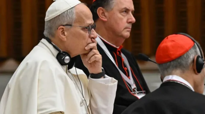 Papa Leão XIV escuta na Sala do Sínodo, no Vaticano, o início do Consistório Extraordinário ?? 
