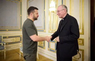 Imagem do encontro entre o presidente da Ucrânia, Volodymyr Zelensky, e o Secretário de Estado da Santa Sé, cardeal Pietro Parolin.