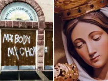 Paróquia Sagrado Coração de Maria pichada com frases a favor do aborto nos EUA, e uma imagem referencial da Virgem Maria. Crédito: Arquidiocese de Denver e Anna Hecker