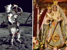 Imagem de astronauta na lua e Virgem da Lua