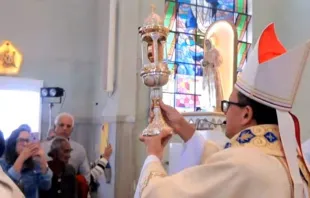 Dom José Eudes Campos do Nascimento abençoa fiéis com relíquia da beata Nhá Chica. Foto: Captura de imagem. 