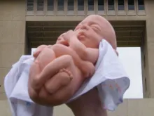 Representação de um bebê no ventre ante o Congresso do Chile 