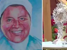 Imagem de Aguchita e uma relíquia dela na beatificação. Captura Youtube Aguchita Rivas López