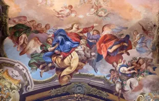 Afresco retratando a assunção da Virgem Maria na Basílica de San Petronio em Bolonha, Itália.