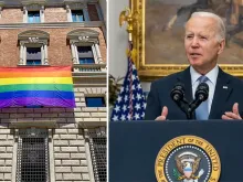 Embaixada dos EUA na Santa Sé com a bandeira do "orgulho gay" e o presidente Joe Biden