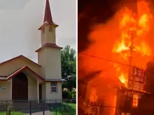 Capela de Santo André incendiada no sul do Chile. Crédito: Diocese de Villarrrica.