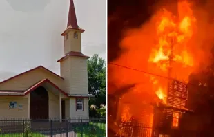 Capela de Santo André incendiada no sul do Chile. Crédito: Diocese de Villarrrica.
