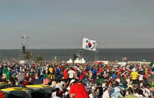 Bandeiras da Coreia do Sul e do Brasil no parque Tejo ao final da JMJ Lisboa 2023