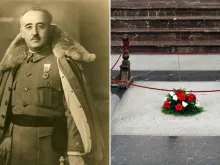 Francisco Franco (à esquerda) e o túmulo onde estão seus restos no Vale dos Caídos (à direita).