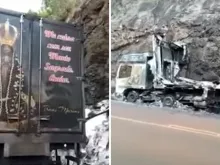 Imagem intacta de Nossa Senhora Aparecida e caminhão destruído pelo fogo.