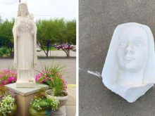 Imagem de Santa Teresinha do Menino Jesus antes e depois do ato de vandalismo. Crédito: Facebook - Igreja de Santa Teresa do Menino Jesus de Midvale