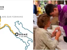 Cartaz da marcha e neo-sacerdote com a mãe depois da ordenado no rito antigo