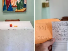 Maçã e bilhete deixados no altar por criança como agradecimento a Jesus. Fotos: Comunidade Shalom