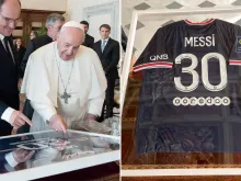 O papa Francisco recebeu uma camisa do clube francês Paris Saint-Germain autografada pelo jogador argentino Lionel Messi, nesta segunda-feira.