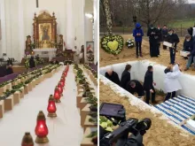 Missa fúnebre e sepultura digna de 640 bebês na Igreja da Santíssima Trindade, em Gonczyce, Polônia. Crédito: Bogdan Romaniuk.