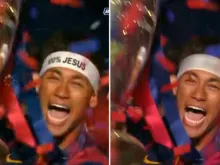 Foto original de Neymar (esquerda) e a censura da FIFA (direita). Captura de tela: Youtube