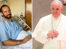 Padre Christian Carlassare no hospital de Nairóbi, no Quênia, em 27 de abril de 2021; e papa Francisco. Crédito: ACI África (esquerda) e Daniel Ibáñez (ACI) (direita).