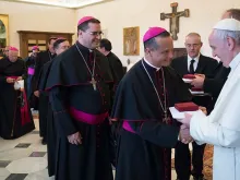 Dom Fabio Colindres saúda o Papa Francisco durante a audiência com os bispos de El Salvador.