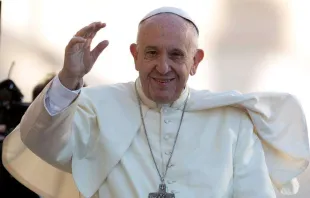 Papa saudando peregrinos durante a Audiência.