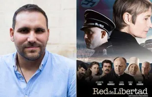 O diretor do filme, Pablo Moreno, e o cartaz de “Rede em Liberdade”.