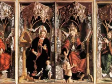 São Jerônimo de Estridão, santo Agostinho, são Gregório Magno, santo Ambrósio de Milão. Michael Pacher: Altarpiece of the Church Fathers - Domínio público 