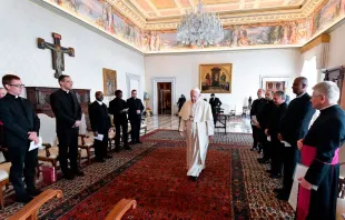 O Papa ao chegar à audiência com o Pontifício Colégio Belga.