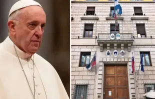 Papa Francisco e a embaixada da Rússia no Vaticano. Crédito: Daniel Ibañez (esq.) e Almudena Martínez-Bordiú (dir.) (ACI)