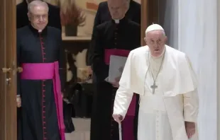 O Papa Francisco entra na Audiência Geral de hoje com uma bengala