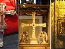 Relíquia Lignum Crucis (esquerda), Sudário de Oviedo e Santo Cálice (direita).