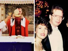 Pe. Kevin Kennedy celebrando Missa na Igreja de São Gabriel (2018) e em um evento formal antes de se tornar sacerdote (1986). Crédito: Site da Igreja de St. Andrew DC e cortesia de Pe. Kevin Kennedy.