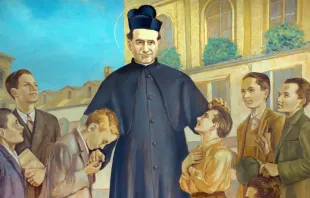 Pintura de Dom Bosco com jovens da obra