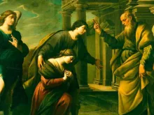 Arcanjo São Rafael acompanha os esposos Tobias e Sara enquanto recebem a bênção do pai dela.