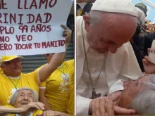 Trinidad Peralta e seu filho Antonio com o cartaz que lhe permitiu se aproximar do Papa.
