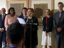 Valerie Huber, representante de Estados Unidos, e delegados dos 10 países em coletiva de imprensa, em 14 de novembro. Crédito: Cortesia Rodrigo Iván Cortés.