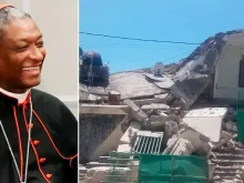 O cardeal em imagem de arquivo e a casa episcopal depois do terremoto
