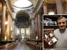 Composição: O interior da Basílica de São José de Flores e o Padre Marronetti