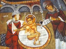 Salomé (à direita) dando banho no menino Jesus