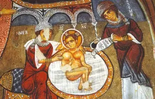 Salomé (à direita) dando banho no menino Jesus